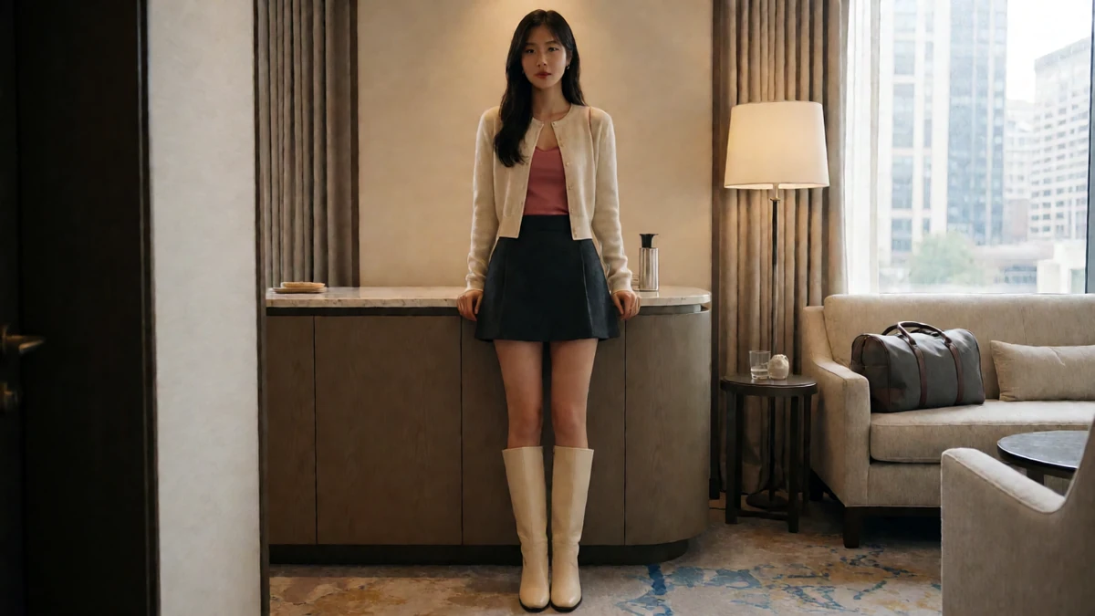 牛人探花甜美女友主题图：浅色开衫、玫红内搭与酒店窗边站姿